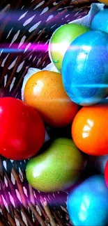 Colorful Easter eggs in a wicker basket with vibrant hues and festive glow.