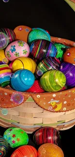 Colorful Easter eggs in a woven basket, perfect for a festive mobile wallpaper.