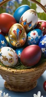 A basket filled with colorful and decorative Easter eggs.