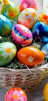 A vibrant basket of colorful Easter eggs with floral designs.