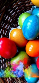 Colorful vibrant Easter eggs in a woven basket.