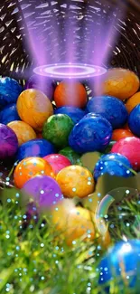 Colorful Easter basket with eggs and mystical glow.