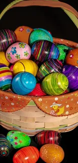 Colorful Easter eggs in a festive basket.