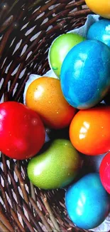 Colorful Easter eggs in a woven basket.