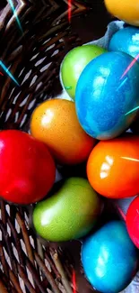 Vibrant Easter eggs in a wicker basket.