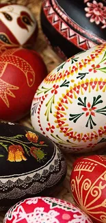 Vibrant Easter eggs with traditional designs in a basket.