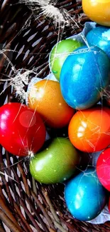 Vibrant Easter eggs in a basket with bright colors against a rustic background.