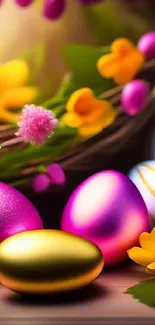 Colorful Easter eggs with vibrant spring flowers in a decorative display.