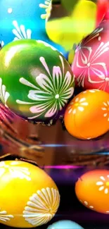 Vibrant Easter eggs with floral designs in bright colors.