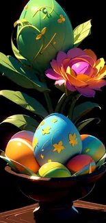 Colorful Easter eggs and flower art in vase, perfect for festive wallpaper.