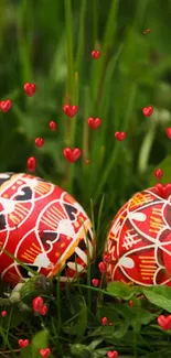 Colorful Easter eggs nestled in green grass with vibrant patterns.