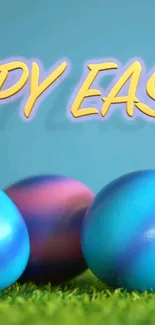 Colorful Easter eggs with Happy Easter text on grass.