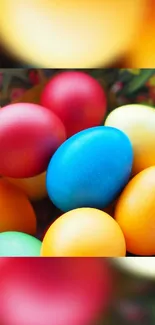 Colorful Easter eggs in vibrant shades on a mobile phone wallpaper.