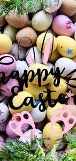 Colorful Easter wallpaper with eggs and festive designs.