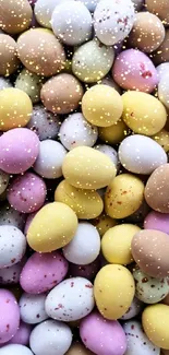 Colorful Easter eggs in pastel hues for a festive wallpaper.