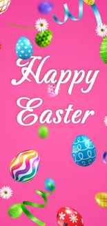 Vibrant Easter egg wallpaper with pink background and festive design.