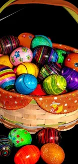 Basket of colorful Easter eggs on a dark background wallpaper.