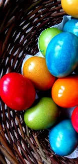 Basket of vibrant Easter eggs in various colors on display.