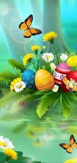 Colorful Easter eggs with butterflies and flowers by a pond.