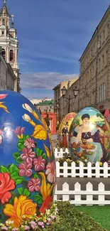 Colorful Easter eggs displayed on a picturesque urban street.