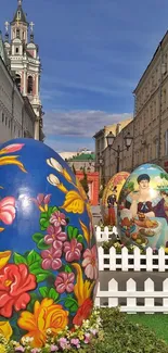 Colorful painted eggs on city street with historic architecture and blue sky.