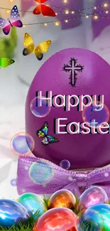 Vibrant Easter themed wallpaper with colorful eggs and butterflies.