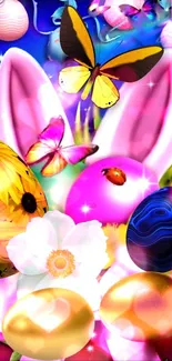 Colorful Easter wallpaper with eggs, butterflies, flowers, and vibrant pink hues.