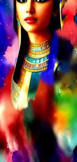 Vibrant Egyptian themed wallpaper with colorful abstract art and a regal woman design.