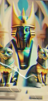 Vibrant Egyptian-themed wallpaper with colorful cat statues.