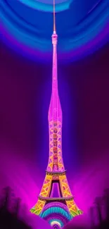 Vibrant, neon-styled Eiffel Tower against a purple night sky.