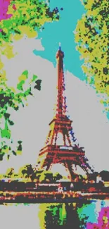 Eiffel Tower with vibrant colorful foliage in digital art style.