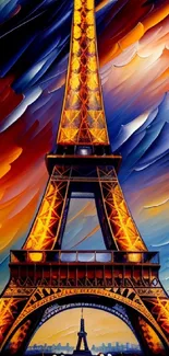 Artistic Eiffel Tower with vibrant orange sky.