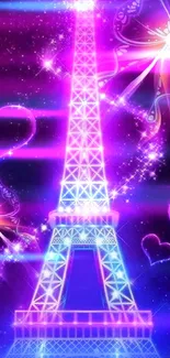 Vibrant neon Eiffel Tower with heart motifs.