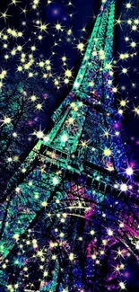 Eiffel Tower at night with neon colors and stars.