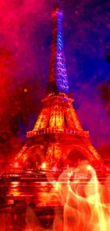 Vibrant Eiffel Tower wallpaper with red and blue hues, perfect for mobile screens.