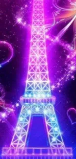 Neon Eiffel Tower with glowing hearts on a vibrant purple background.