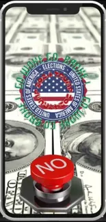 Phone screen with US dollar and political symbols.