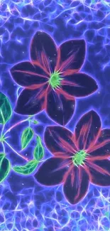 Vibrant neon floral wallpaper with electric blue background.