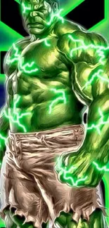 Vibrant electric green superhero with muscular strength and lightning effects.