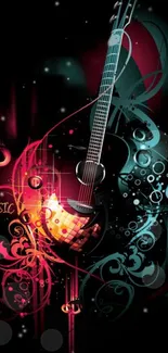 Vibrant electric guitar wallpaper with neon art and musical theme.