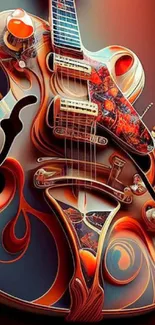 Artistic electric guitar with vibrant orange and blue swirls.