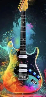 Vibrant electric guitar with colorful splashes on a black background.