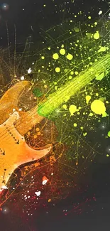 Colorful electric guitar with vibrant splashes on a dark background.