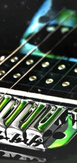 Close-up of electric guitar strings and bridge with vibrant green highlights.