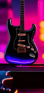 Vibrant electric guitar in neon colors with a dynamic background.