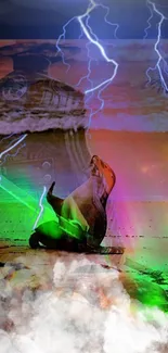 Seal on beach with lightning and vibrant colors in surreal wallpaper.