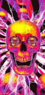 Vibrant skull design with electric colors and dynamic patterns.