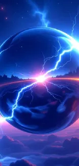 Electric sphere with lightning in a cosmic scene.