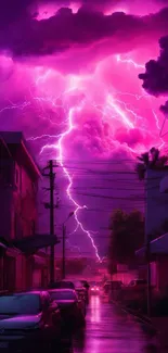 Purple lightning storm over urban night street scene.