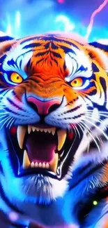 Fierce electric tiger with vibrant colors and energy.